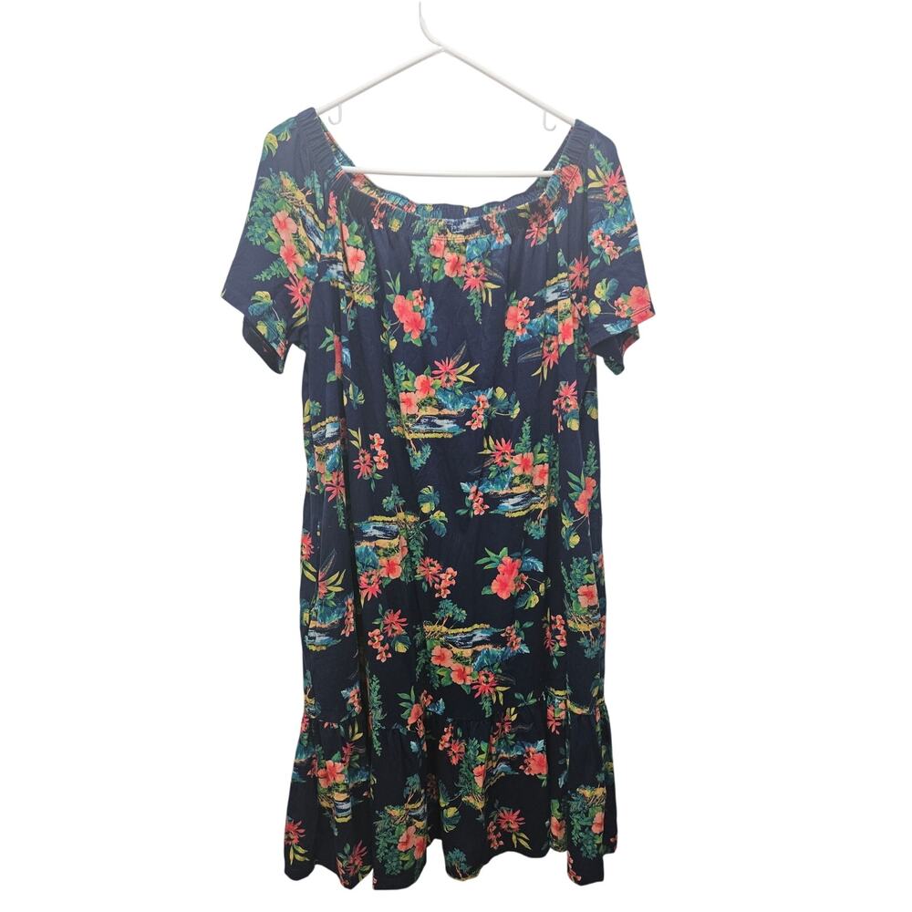 Lands’ End Tropical Floral Hawaiian Dress Elastic Scoop Neck Cotton Size L 14-16